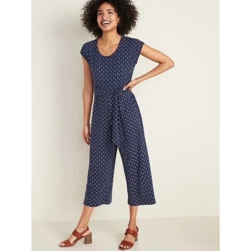 Old Navy Blue Ditsy Floral Cropped Wide Leg Jumpsuit XL Short Sleeve